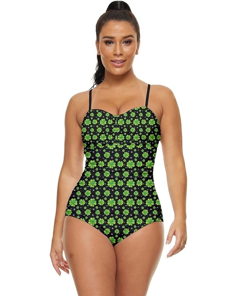 Womens Green Shamrock St Patricks Day Clover Leaves Leprechauns Retro Full Coverage Swimsuit, XS-5XL Green & Black $17.69 Swi...