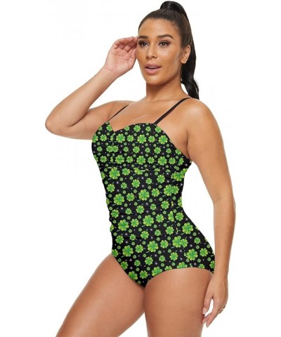 Womens Green Shamrock St Patricks Day Clover Leaves Leprechauns Retro Full Coverage Swimsuit, XS-5XL Green & Black $17.69 Swi...