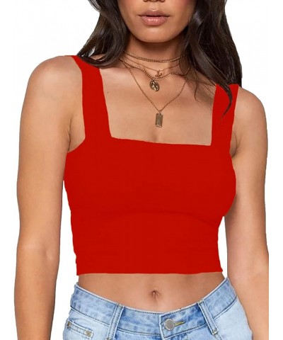 Women Summer Basic Crop Top Solid Sleeveless Stretch Crop Vest Square Neck Slim Crop Tank Top Red $11.21 Tanks