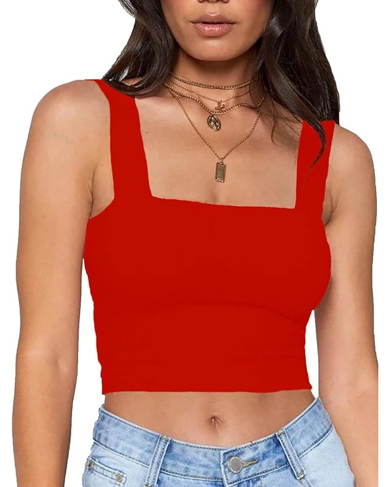 Women Summer Basic Crop Top Solid Sleeveless Stretch Crop Vest Square Neck Slim Crop Tank Top Red $11.21 Tanks