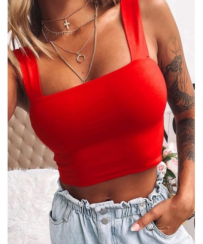 Women Summer Basic Crop Top Solid Sleeveless Stretch Crop Vest Square Neck Slim Crop Tank Top Red $11.21 Tanks