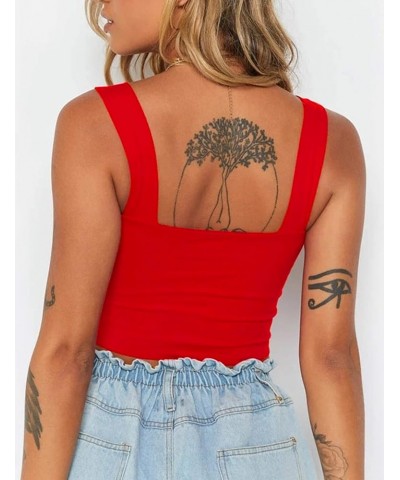 Women Summer Basic Crop Top Solid Sleeveless Stretch Crop Vest Square Neck Slim Crop Tank Top Red $11.21 Tanks