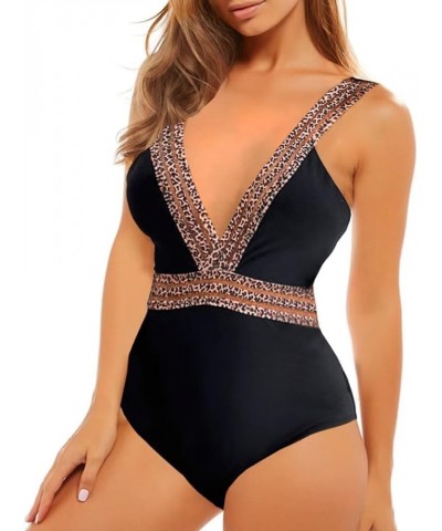 Women One Piece Swimsuit Cut Out Monokini Tummy Control Color Block Swimwear Bunny Tie Leopard Print Bathing Suit Black $10.3...