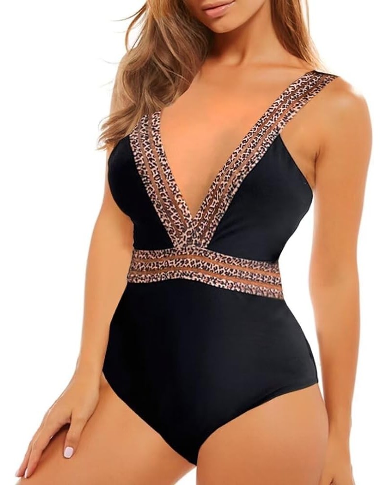 Women One Piece Swimsuit Cut Out Monokini Tummy Control Color Block Swimwear Bunny Tie Leopard Print Bathing Suit Black $10.3...