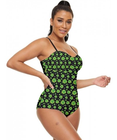 Womens Green Shamrock St Patricks Day Clover Leaves Leprechauns Retro Full Coverage Swimsuit, XS-5XL Green & Black $17.69 Swi...