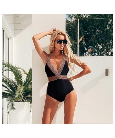 Women One Piece Swimsuit Cut Out Monokini Tummy Control Color Block Swimwear Bunny Tie Leopard Print Bathing Suit Black $10.3...