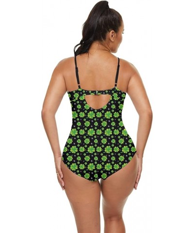 Womens Green Shamrock St Patricks Day Clover Leaves Leprechauns Retro Full Coverage Swimsuit, XS-5XL Green & Black $17.69 Swi...