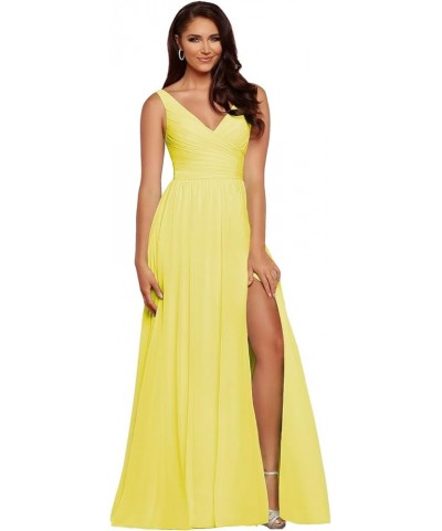 V-Neck Bridesmaid Dress Long with Slit Chiffon A-line Pleated Formal Dresses for Women WD1932P Yellow $24.79 Dresses