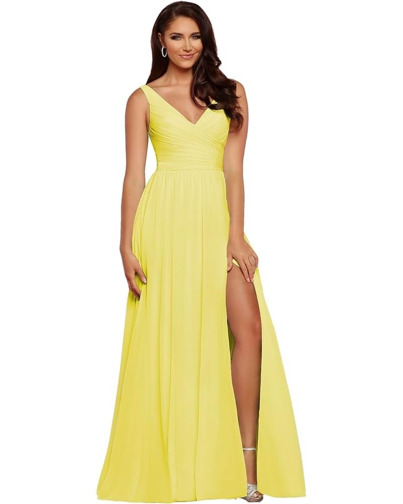 V-Neck Bridesmaid Dress Long with Slit Chiffon A-line Pleated Formal Dresses for Women WD1932P Yellow $24.79 Dresses