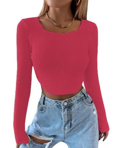 Women's Crew Neck Asymmetrical Hem Long Sleeve Crop Top Knit Sweater Red $10.08 Sweaters