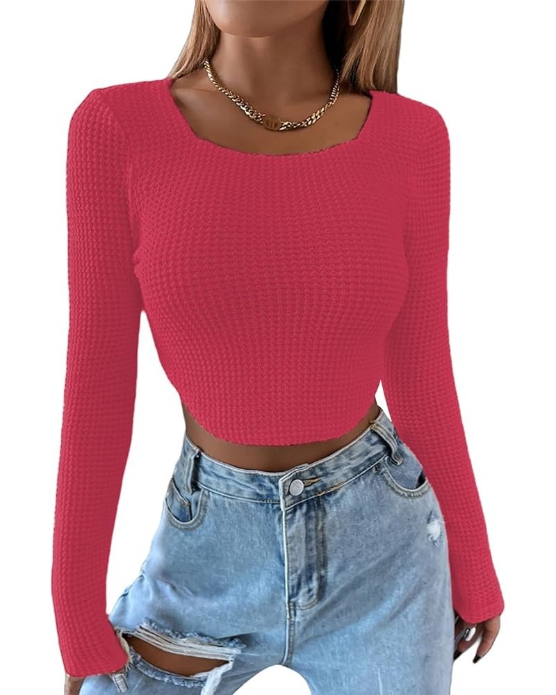 Women's Crew Neck Asymmetrical Hem Long Sleeve Crop Top Knit Sweater Red $10.08 Sweaters