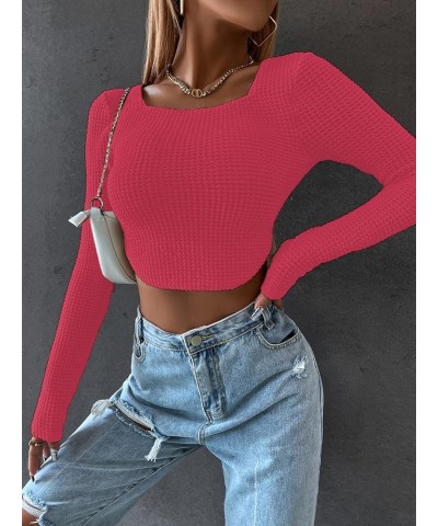 Women's Crew Neck Asymmetrical Hem Long Sleeve Crop Top Knit Sweater Red $10.08 Sweaters