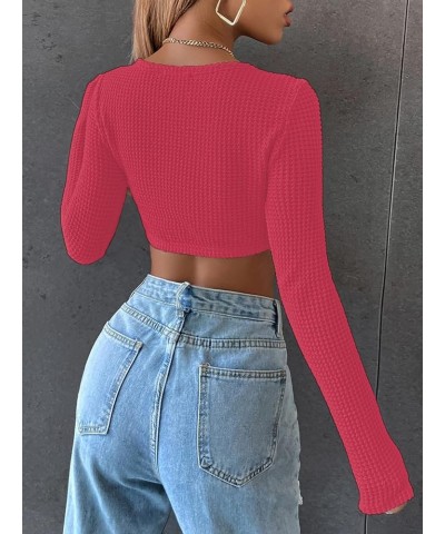 Women's Crew Neck Asymmetrical Hem Long Sleeve Crop Top Knit Sweater Red $10.08 Sweaters