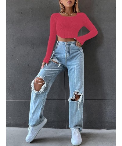 Women's Crew Neck Asymmetrical Hem Long Sleeve Crop Top Knit Sweater Red $10.08 Sweaters