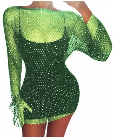 Women Sexy Rhinestone See Through Mesh Dress Bikini Swimsuit Cover Up Rave Festival Club Midi Dress Long Sleeve Deep Green O ...