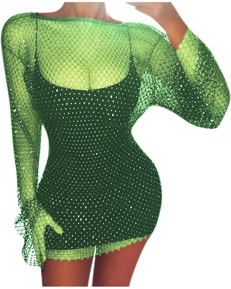 Women Sexy Rhinestone See Through Mesh Dress Bikini Swimsuit Cover Up Rave Festival Club Midi Dress Long Sleeve Deep Green O ...