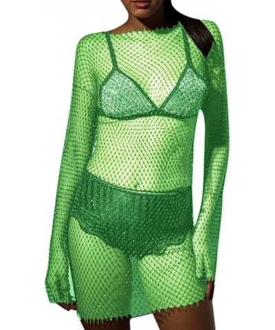 Women Sexy Rhinestone See Through Mesh Dress Bikini Swimsuit Cover Up Rave Festival Club Midi Dress Long Sleeve Deep Green O ...