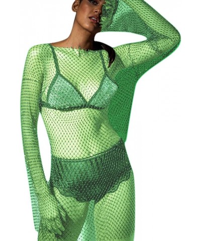 Women Sexy Rhinestone See Through Mesh Dress Bikini Swimsuit Cover Up Rave Festival Club Midi Dress Long Sleeve Deep Green O ...