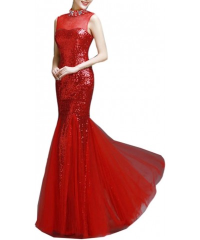 Women's Mermaid Sheer Neck Beaded Bling Formal Evening Dresses Red $36.04 Dresses