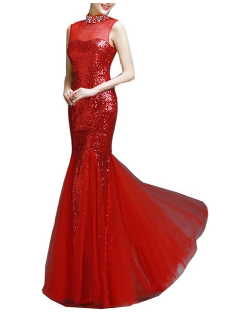 Women's Mermaid Sheer Neck Beaded Bling Formal Evening Dresses Red $36.04 Dresses