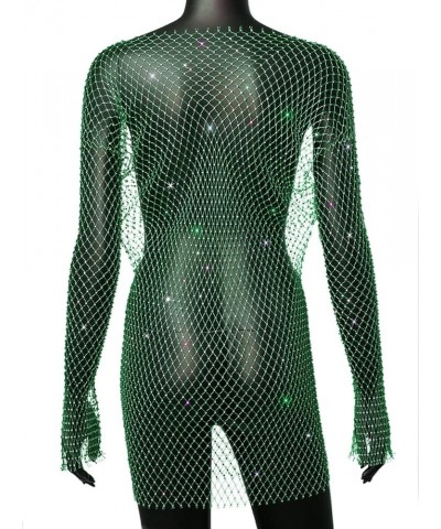 Women Sexy Rhinestone See Through Mesh Dress Bikini Swimsuit Cover Up Rave Festival Club Midi Dress Long Sleeve Deep Green O ...