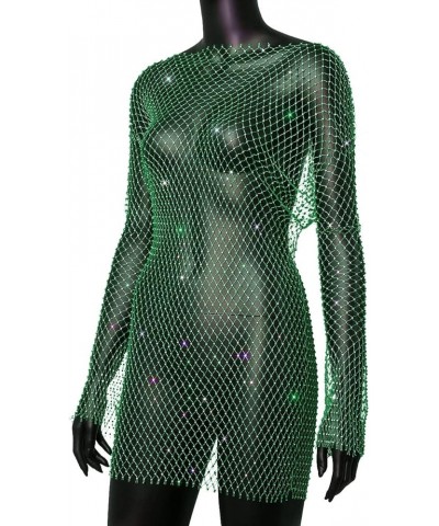 Women Sexy Rhinestone See Through Mesh Dress Bikini Swimsuit Cover Up Rave Festival Club Midi Dress Long Sleeve Deep Green O ...