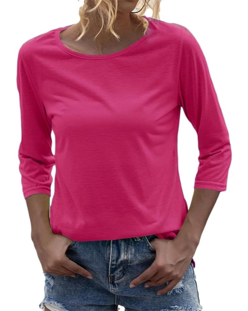 Women Fashion O-Neck 3/4 Sleeve T Shirt Solid Casual Basic Tops Rose Red $13.99 T-Shirts