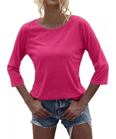 Women Fashion O-Neck 3/4 Sleeve T Shirt Solid Casual Basic Tops Rose Red $13.99 T-Shirts