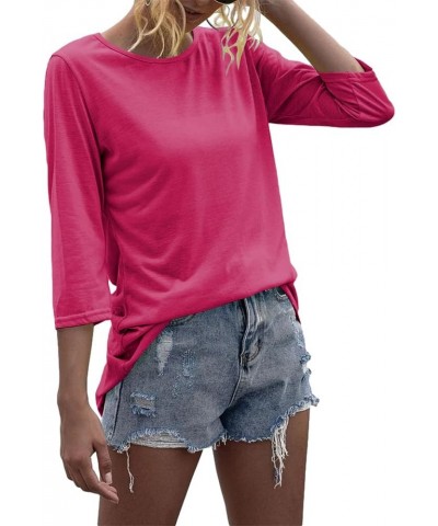 Women Fashion O-Neck 3/4 Sleeve T Shirt Solid Casual Basic Tops Rose Red $13.99 T-Shirts