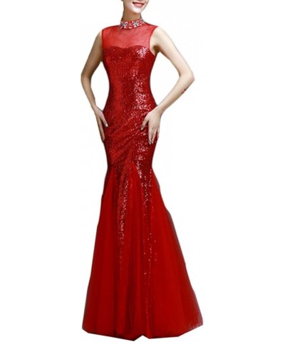 Women's Mermaid Sheer Neck Beaded Bling Formal Evening Dresses Red $36.04 Dresses