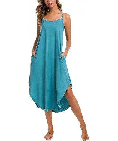 Nightgowns for Women Sexy Lingerie Dress Soft Full Slips Dresses with Pockets S-XXL Lake Blue $13.16 Sleep & Lounge