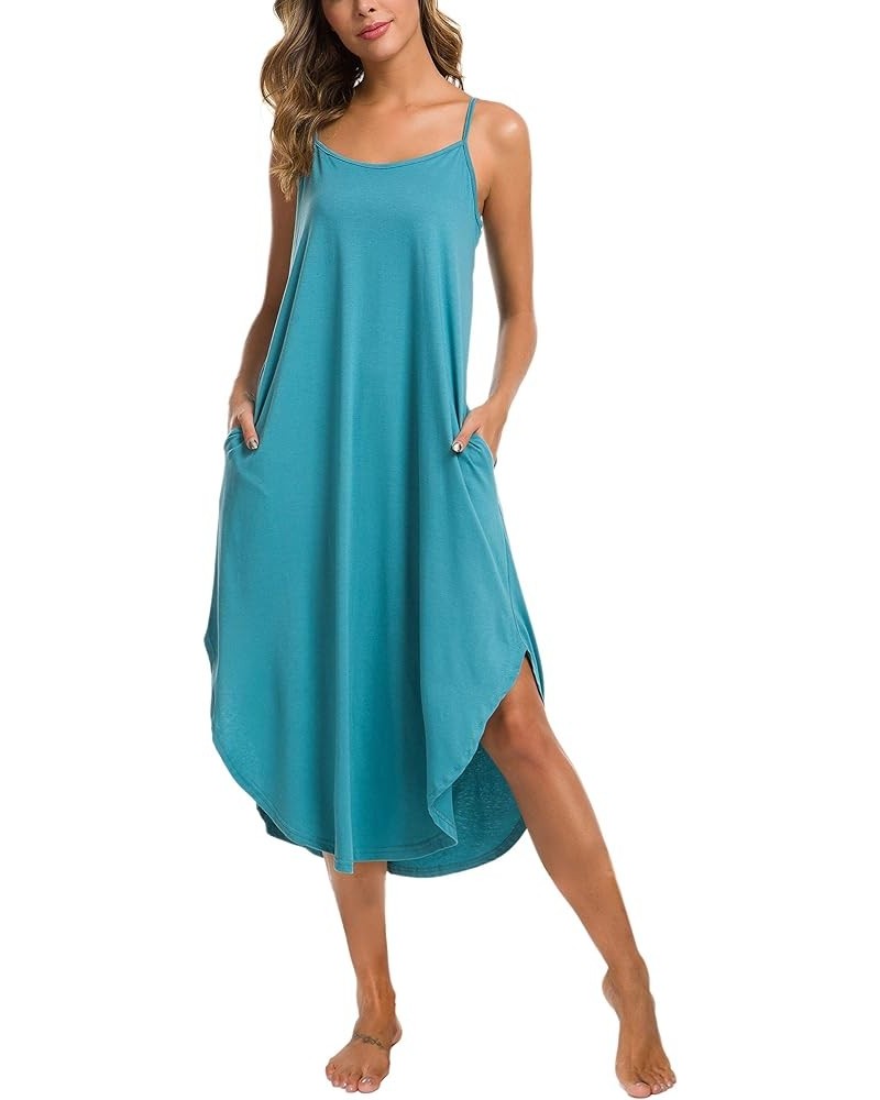 Nightgowns for Women Sexy Lingerie Dress Soft Full Slips Dresses with Pockets S-XXL Lake Blue $13.16 Sleep & Lounge