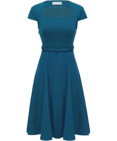 Women's Office Swing Dress Square Neck Fit and Flare Work Dresses Peacock Blue $29.69 Dresses