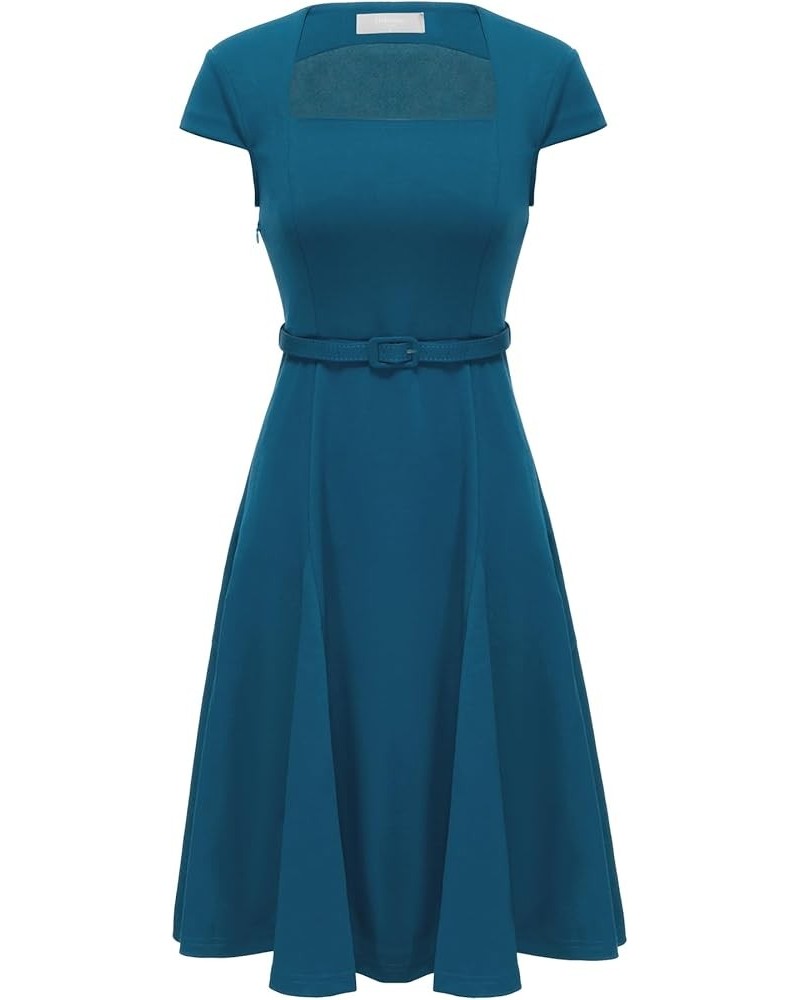 Women's Office Swing Dress Square Neck Fit and Flare Work Dresses Peacock Blue $29.69 Dresses