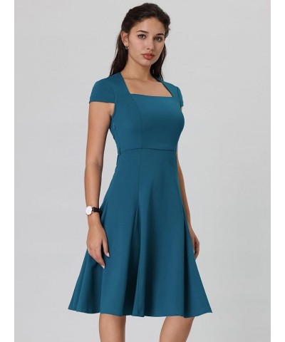 Women's Office Swing Dress Square Neck Fit and Flare Work Dresses Peacock Blue $29.69 Dresses