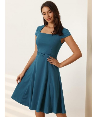 Women's Office Swing Dress Square Neck Fit and Flare Work Dresses Peacock Blue $29.69 Dresses