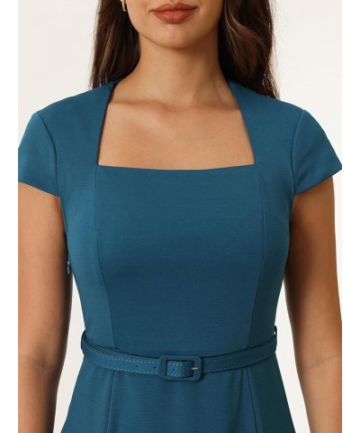 Women's Office Swing Dress Square Neck Fit and Flare Work Dresses Peacock Blue $29.69 Dresses