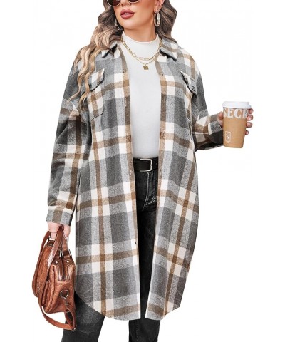 Womens Plus Size Flannel Plaid Shirts Long Sleeve Lounge Lapel Boyfriend Button Down Tartan Long Jacket Coats B-grey $23.03 B...