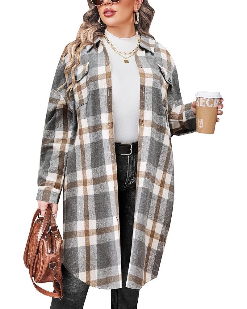 Womens Plus Size Flannel Plaid Shirts Long Sleeve Lounge Lapel Boyfriend Button Down Tartan Long Jacket Coats B-grey $23.03 B...