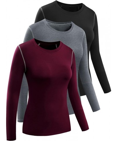 Women's 3 Pack Running Compression Long Sleeve T Shirt 19, Black,grey,wine Red $18.04 Activewear