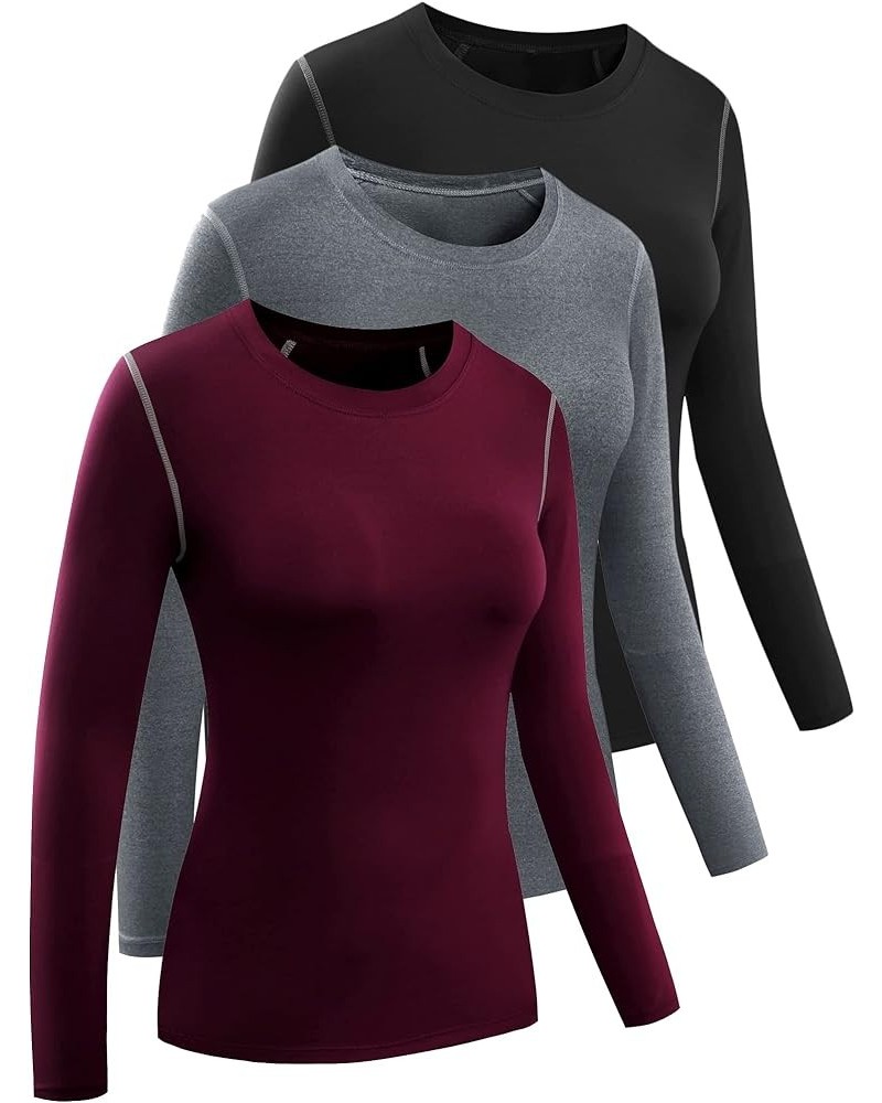 Women's 3 Pack Running Compression Long Sleeve T Shirt 19, Black,grey,wine Red $18.04 Activewear