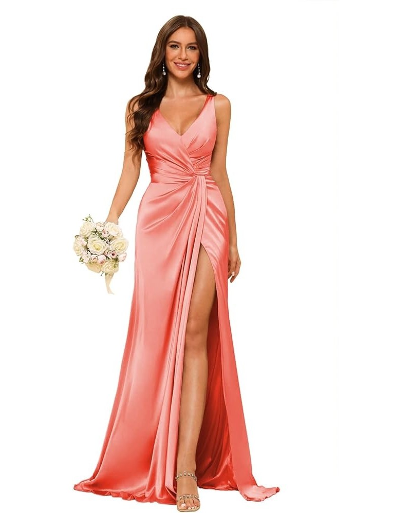 Women's V Neck Bridesmaid Dresses with Slit Ruched Waist Satin Pleated Formal Party Dress YMS277 Coral $30.59 Dresses