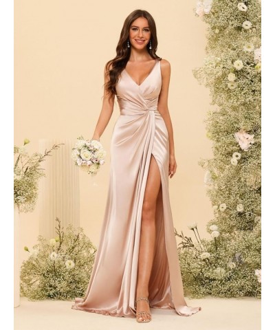 Women's V Neck Bridesmaid Dresses with Slit Ruched Waist Satin Pleated Formal Party Dress YMS277 Coral $30.59 Dresses