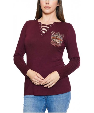 Harley-Davidson Women's Embellished Sorcerer Lace-Up Long Sleeve Shirt - Maroon Red $35.98 T-Shirts