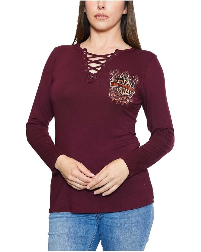 Harley-Davidson Women's Embellished Sorcerer Lace-Up Long Sleeve Shirt - Maroon Red $35.98 T-Shirts