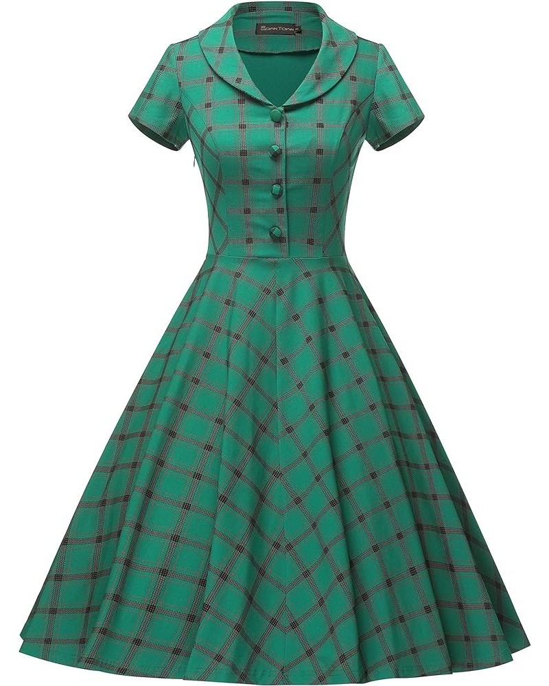 Women's 1950s Vintage Plaid&Dot Swing Tea Dress with Pockets Green Plaid 2 $22.87 Dresses