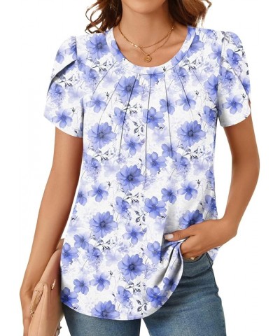 Women's Summer Petal Sleeve Tops Casual Dressy Shirts Fashion Pleated Business Blouses Tunic Top Blue Gesang Flower $13.99 Tops