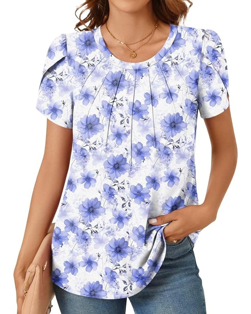 Women's Summer Petal Sleeve Tops Casual Dressy Shirts Fashion Pleated Business Blouses Tunic Top Blue Gesang Flower $13.99 Tops