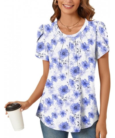 Women's Summer Petal Sleeve Tops Casual Dressy Shirts Fashion Pleated Business Blouses Tunic Top Blue Gesang Flower $13.99 Tops