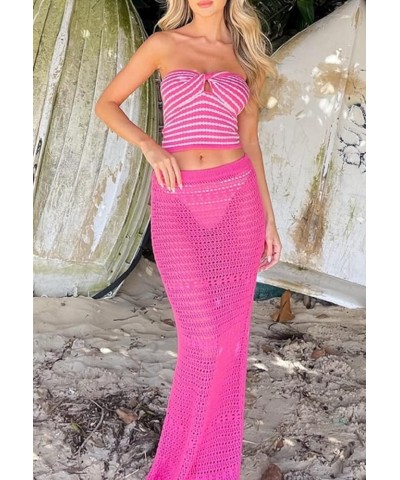 Women Crochet 2 Piece Outfits Crochet Hollow Out Skirt Set Slim Crop Top High Waist Split Maxi Skirt Knit Beach Set F-pink $1...